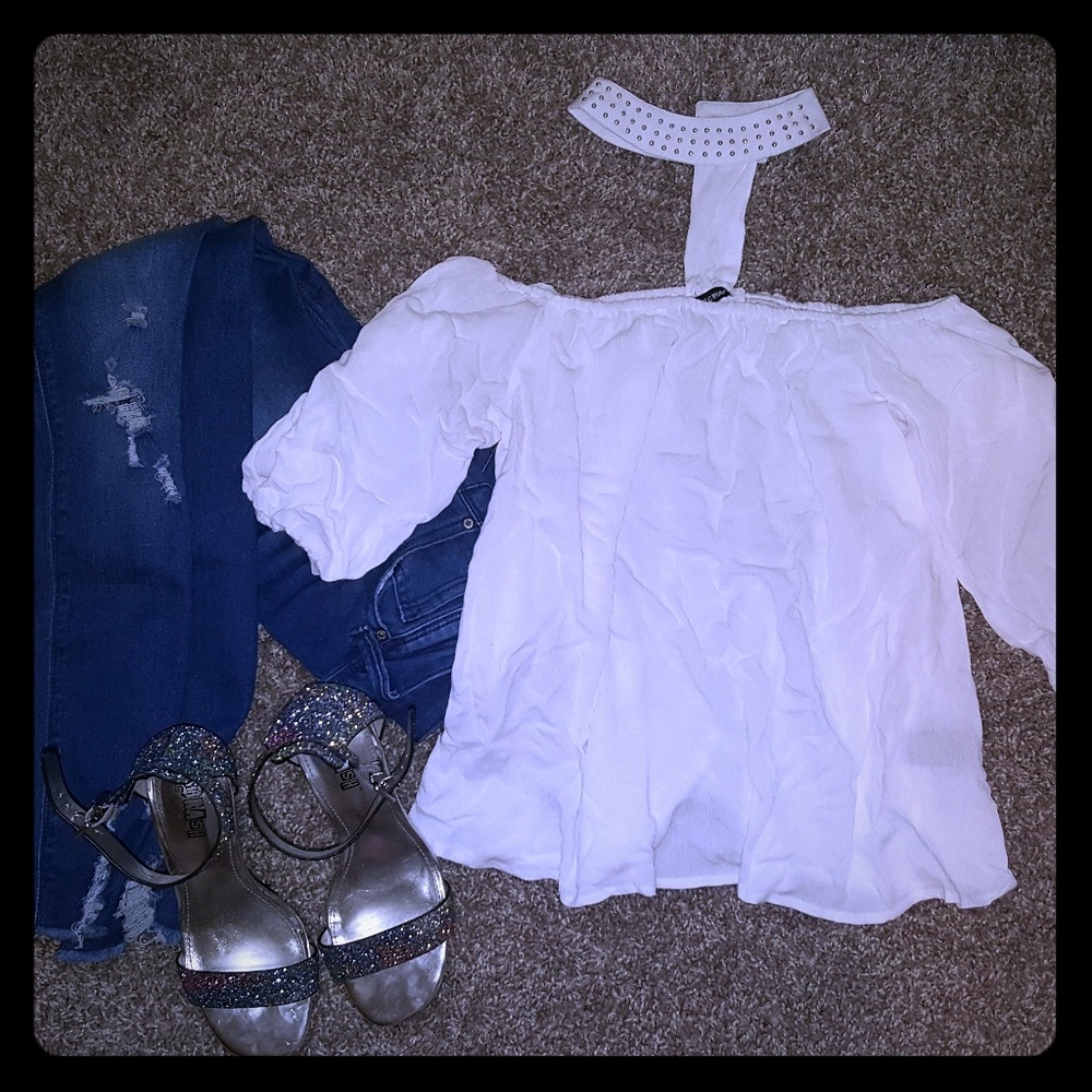 Flowy White Off the should Top with Collar